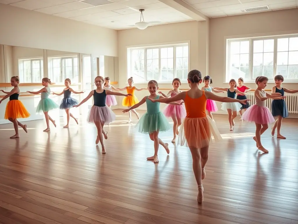 A group of children learning traditional dance steps in a dance workshop, with an instructor guiding them, highlighting the cultural and physical benefits of dance.