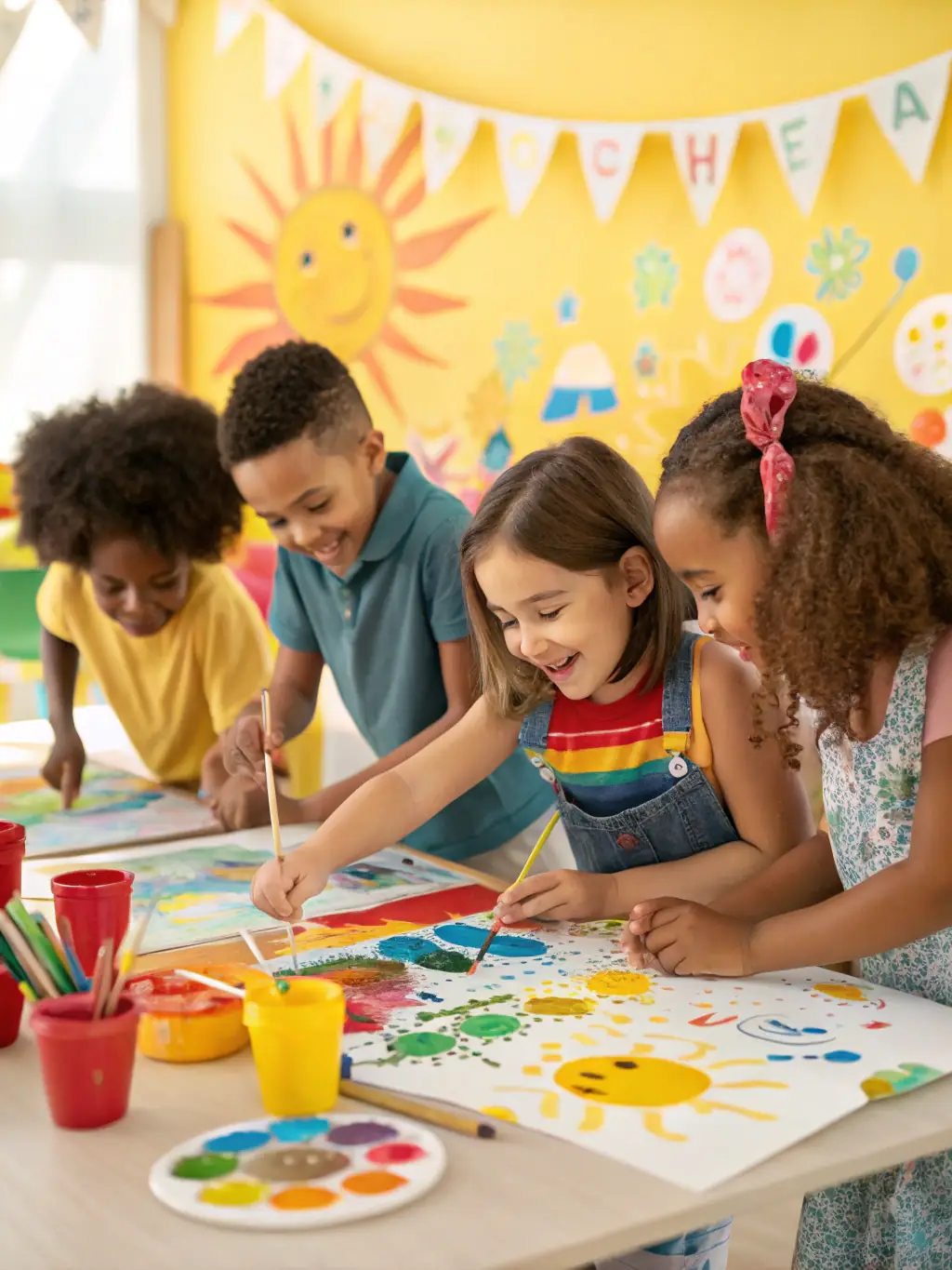Children creating colorful masks during an art workshop, surrounded by various art supplies and smiling faces.