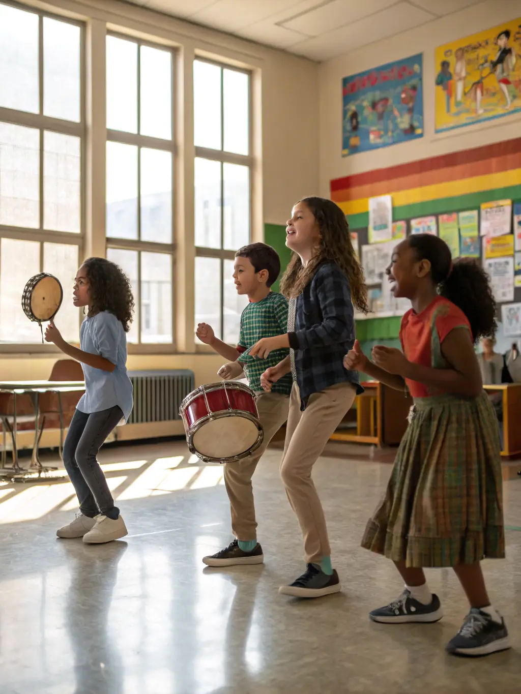 A lively scene of children playing musical instruments and singing together during a music workshop, with a teacher guiding them.