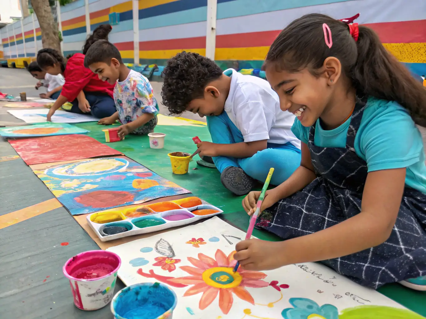 A group of children enthusiastically participating in a painting workshop, with colorful artwork displayed in the background, showcasing the creative atmosphere and hands-on learning experience.
