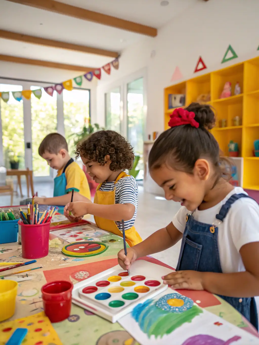 An image depicting children creating colorful masks during an art session, with various art supplies and finished masks displayed around them.