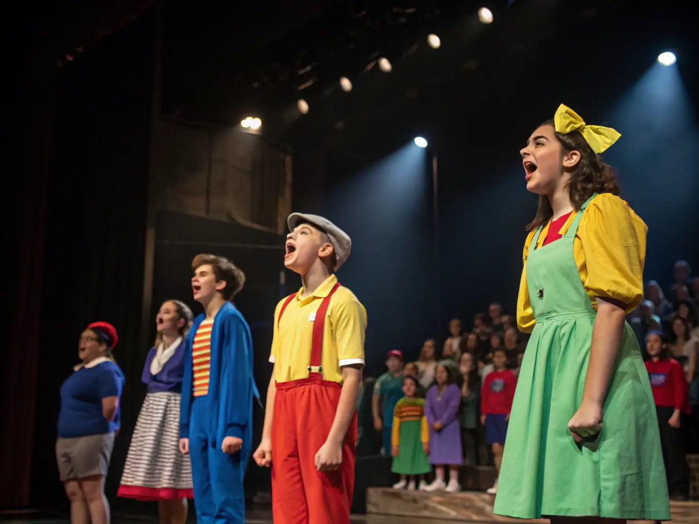 A vibrant scene from a children's theater performance, with young actors in colorful costumes on stage, capturing the energy and excitement of live performance.