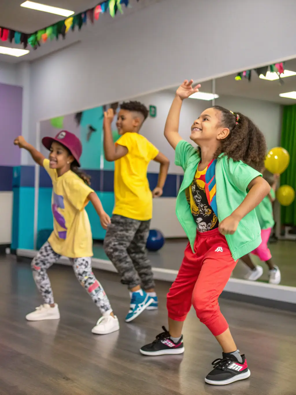A lively scene from a dance workshop, with children learning different dance moves and enjoying the rhythm of the music.