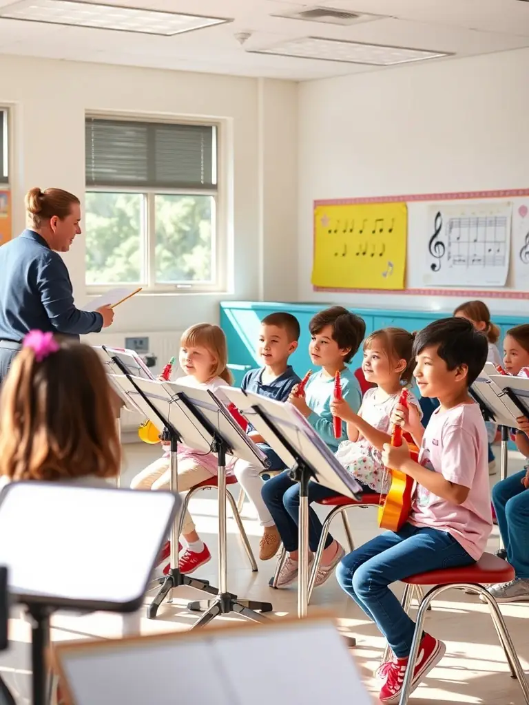 A group of children playing various musical instruments during a music workshop, guided by an instructor.
